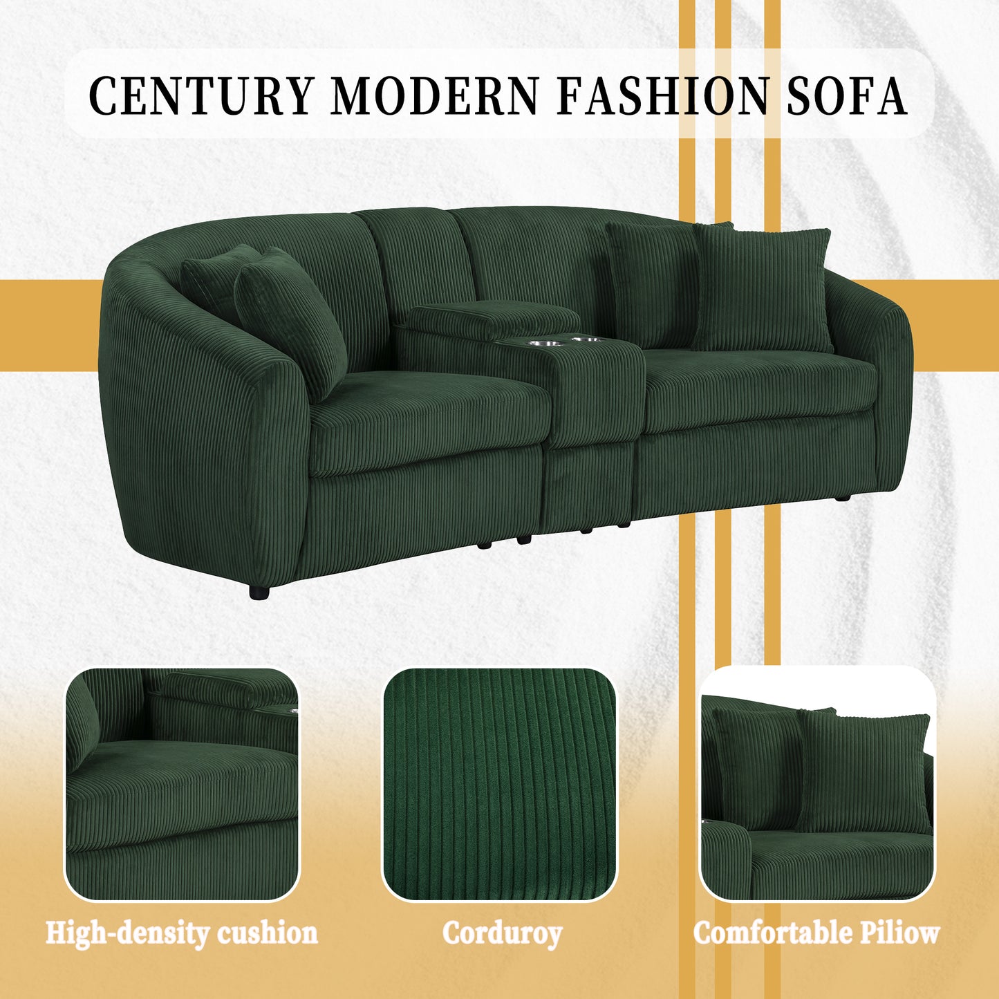 UNITED WE WIN corduroy fabric, two cup holders, storage, oversized two-seat, solid wood frame, high quality sponge filling, curved placement sofa