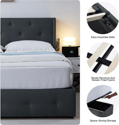 Queen Size Bed Frame with Storage - Lift Up Storage Bed with Modern Wingback Headboard, USB Ports