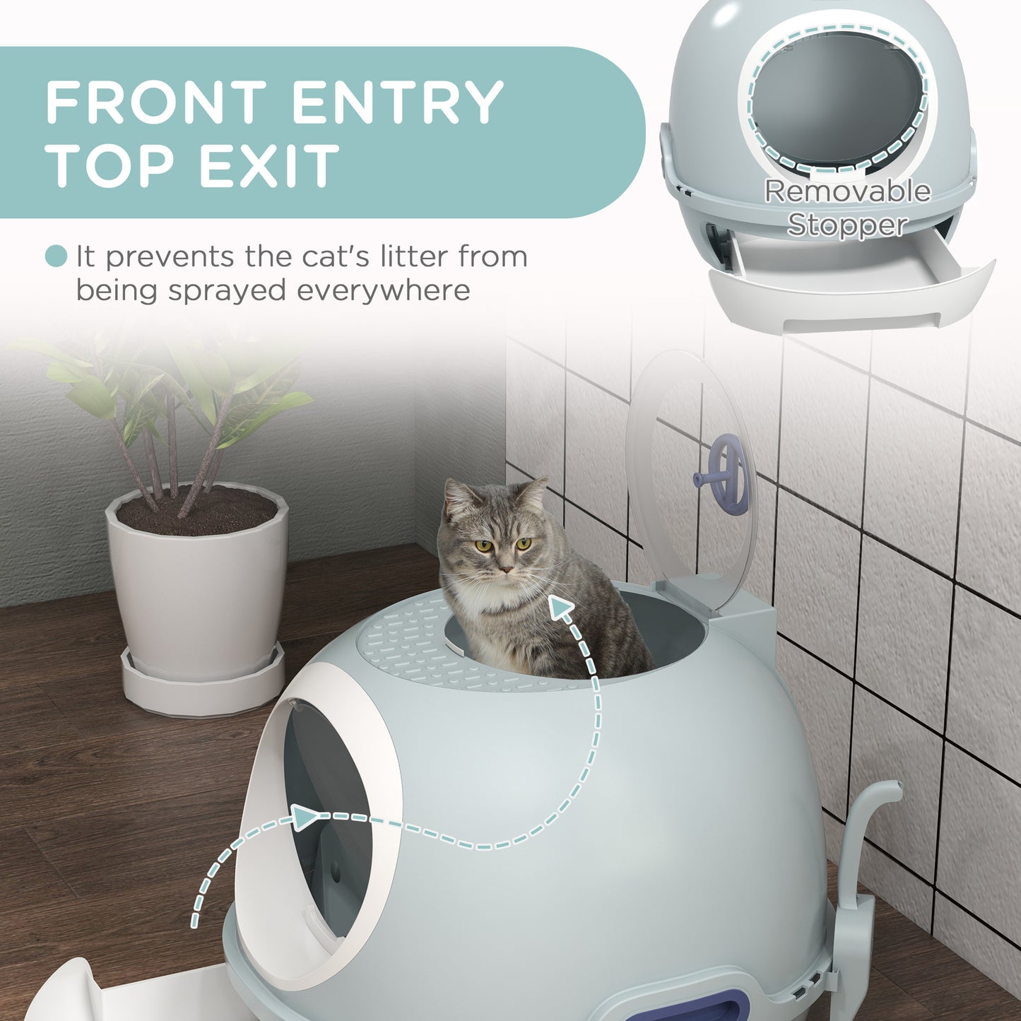 PawHut Covered Litter Box, Litter Box with a Lid, Scoop Enclosed Drawer & Skylight for Cats That's Easy to Clean, Blue