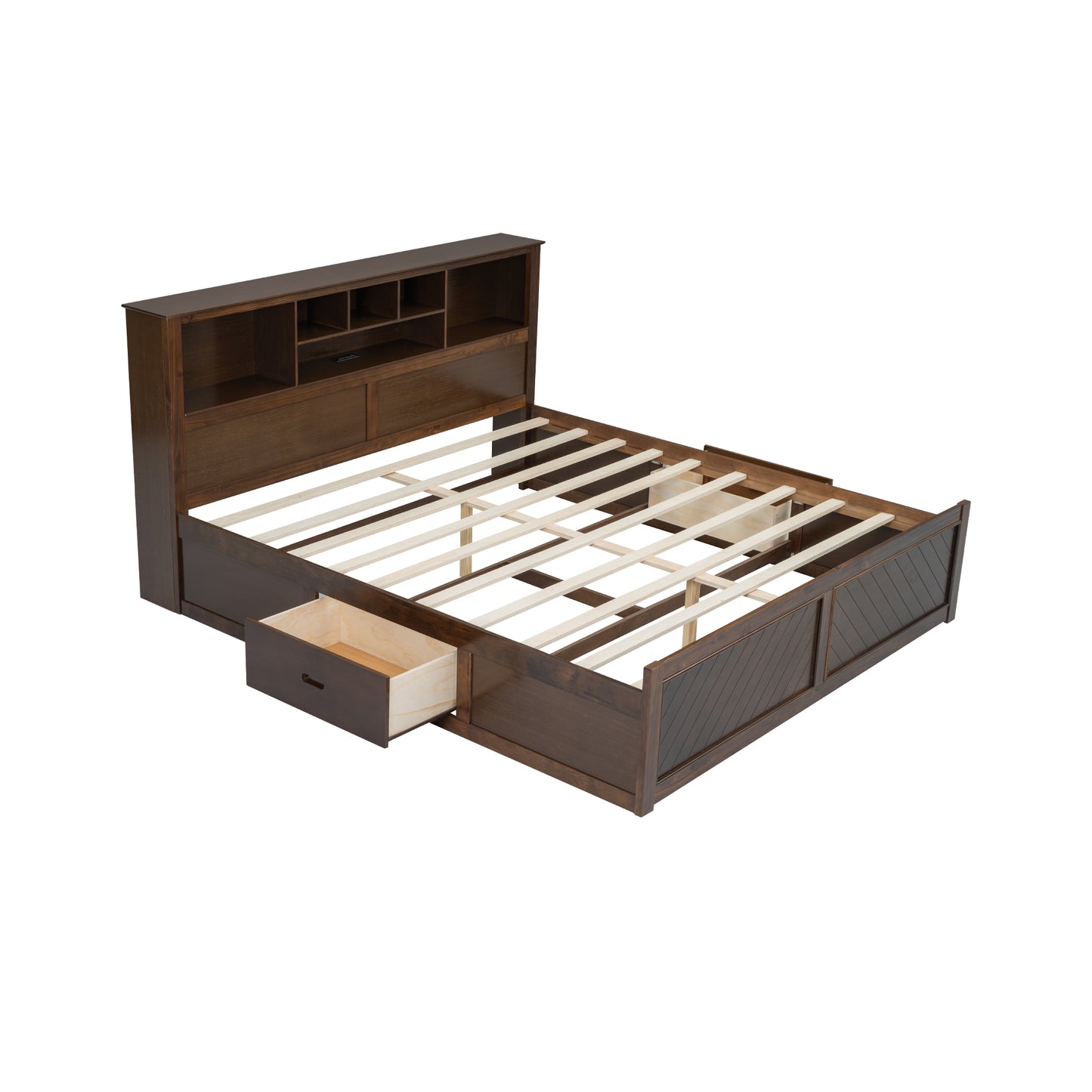 King Size Wood Platform Bed with Multi-storage Headboard, USB and Drawers, Antique Wood Color