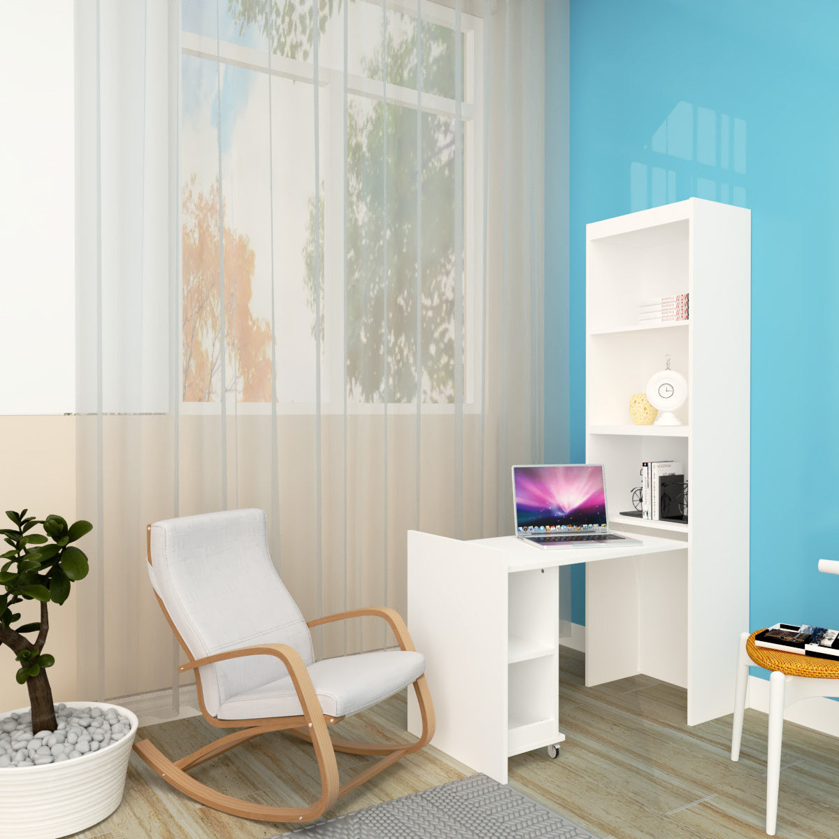 Queen  Size Morden Deisgn Big Size Vertical Murphy Bed with table and shelf  for Bedroom or Guestroom White Wall Bed Space Saving Hidden Bed with New Style Gas Struts