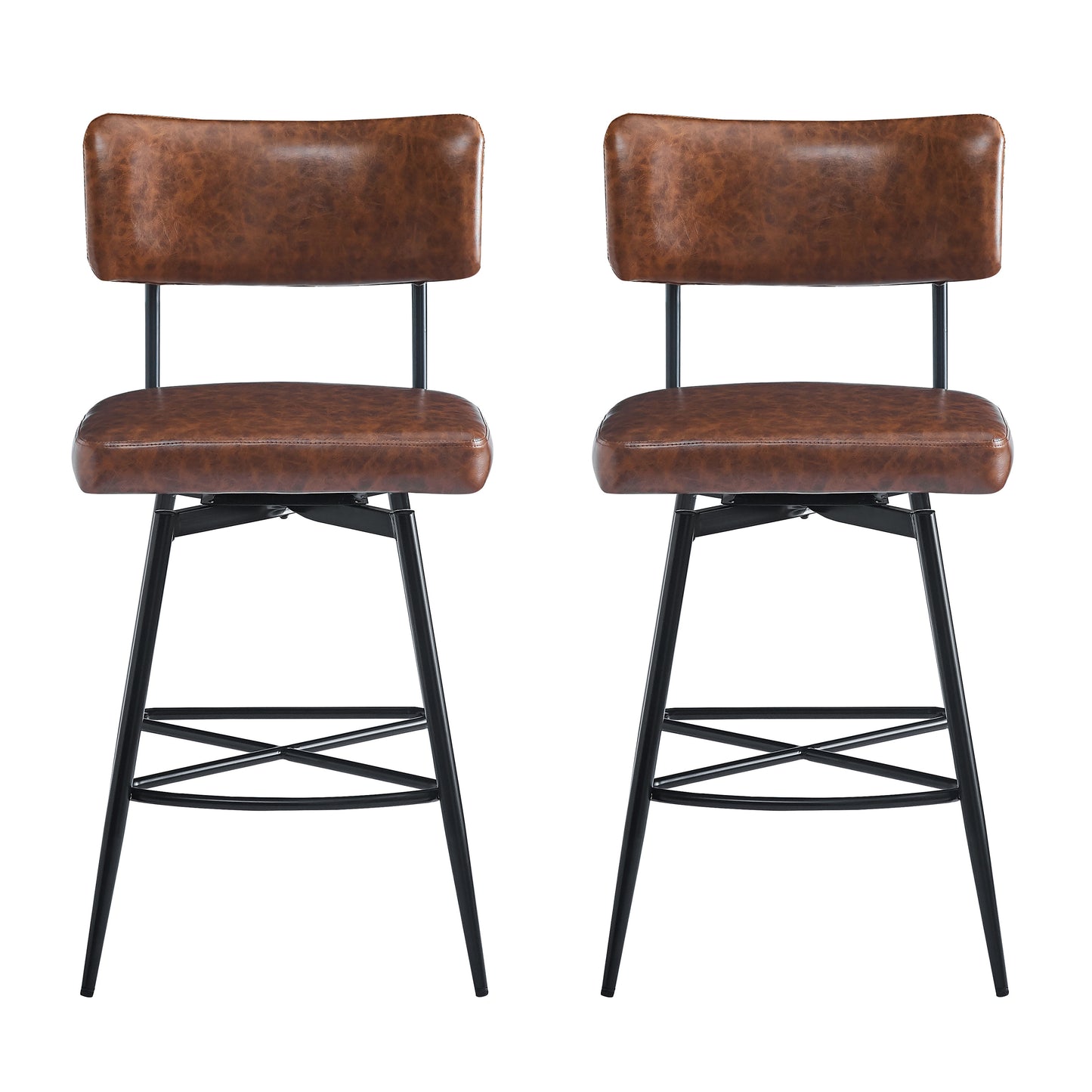 26''Retro Swivel Counter Stools Set of 2,Brown Counter Stools with iron Frame,PU Sponge cushion,Footrest,suitable for Kitchen/Bedroom/Dining Room.