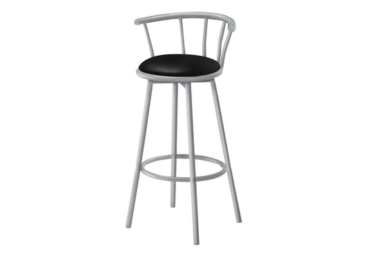 Barstool, Set Of 2, Swivel, Bar Height, Grey Metal, Black Leather Look, Contemporary, Modern