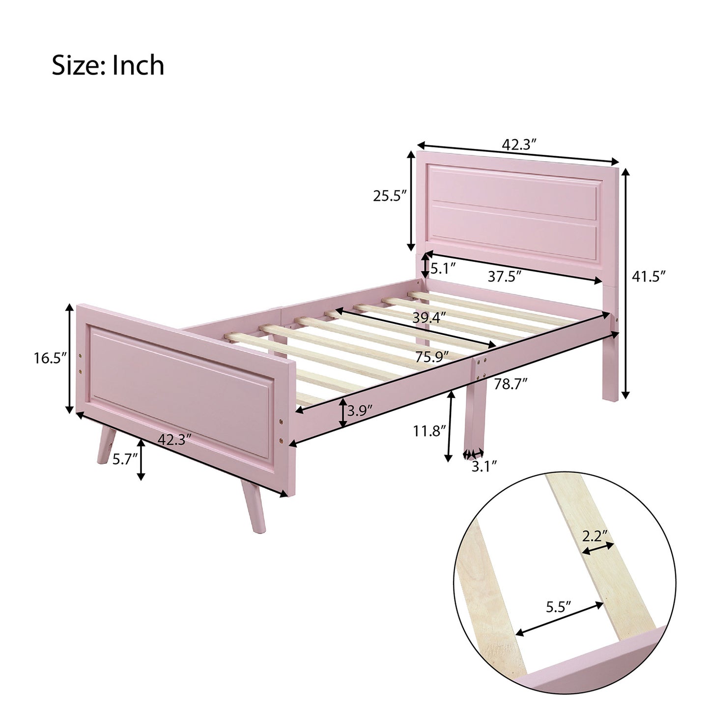 Wood Platform Bed Twin Bed Frame Mattress Foundation with Headboard and Wood Slat Support (Pink)