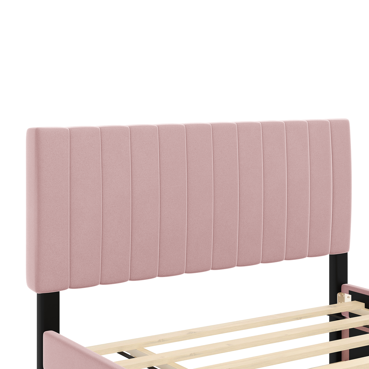 Full Size Velvet Upholstered Platform Bed with Twin Size Trundle, Pink