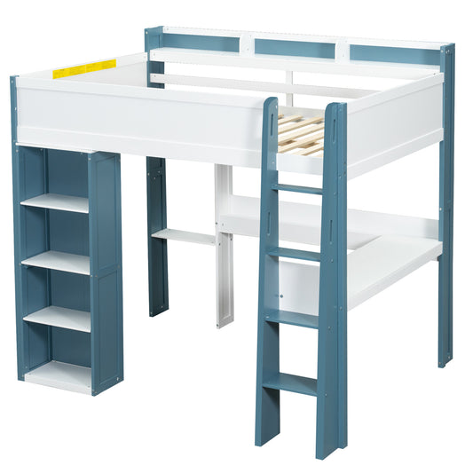 White+Blue Full Size Wood Loft Bed with Built-in Storage Shelves, Clothes Rail, and Desk, Solid Wood+MDF