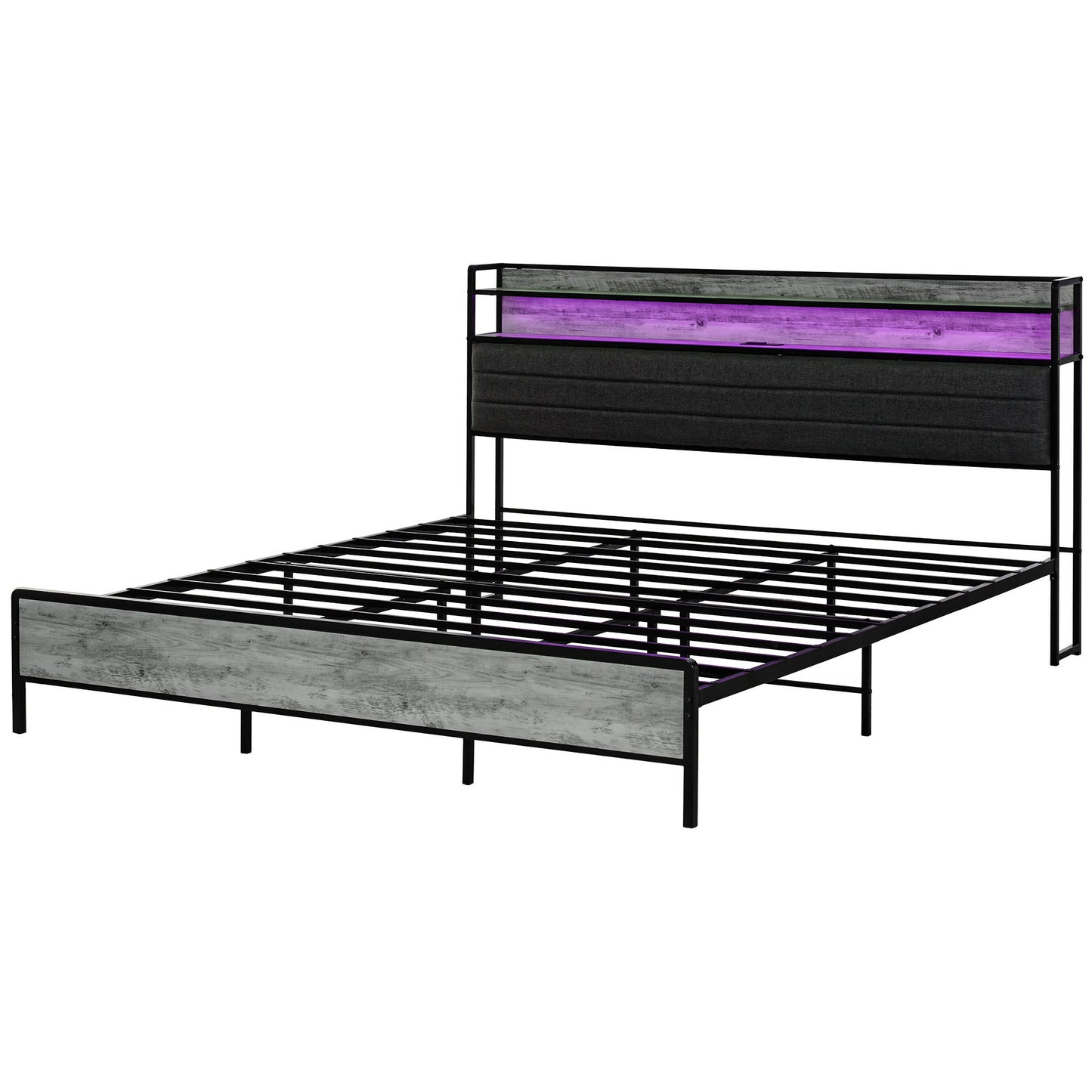 HOMCOM King Size Bed Frame with Storage Headboard, Upholstered Platform Bed Frame with LED Lights, Charging Station, Steel Slats, Noise-Free & Easy Assembly, No Box Spring Needed, Cement Gray