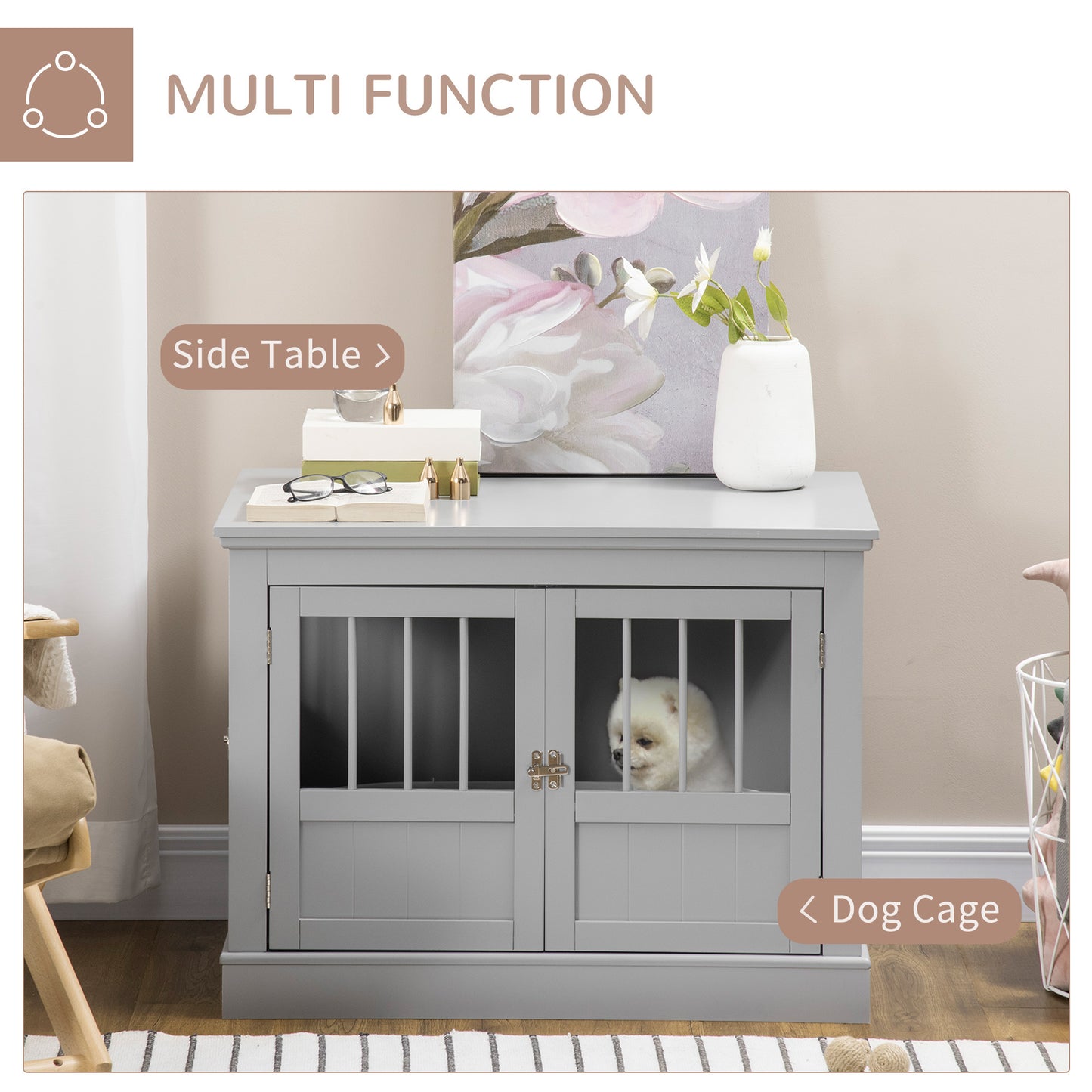 PawHut Dog Crate End Table with Triple Doors, Wooden Dog Crate Furniture Indoor Use, Puppy Crate with and Steel Tubes, for Small Dogs, Pewter Gray