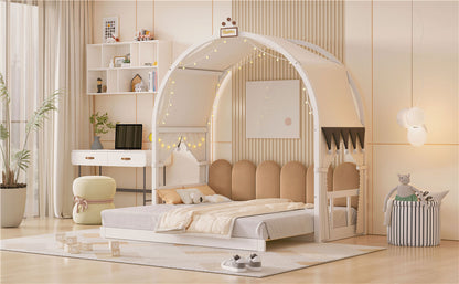 Twin Size Extended Bed With Arched Roof and Trundle, White