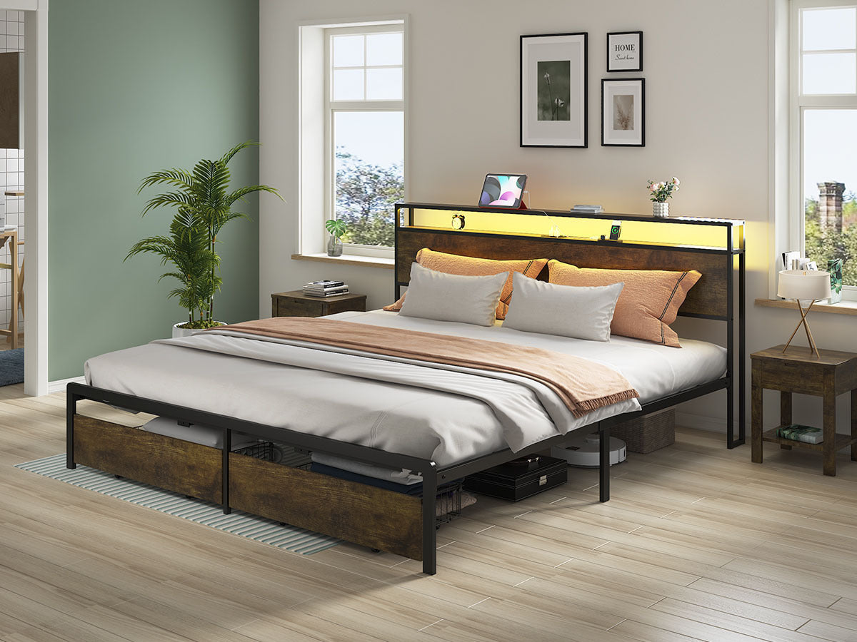 King Bed Frame with LED Lights and Charging Station - Robust Metal  Wood Construction, Rustic Wood Platform Bed Frame with 2 Drawers, No Box Spring Needed, Noise Free, Vintage Brown, Easy Assemble