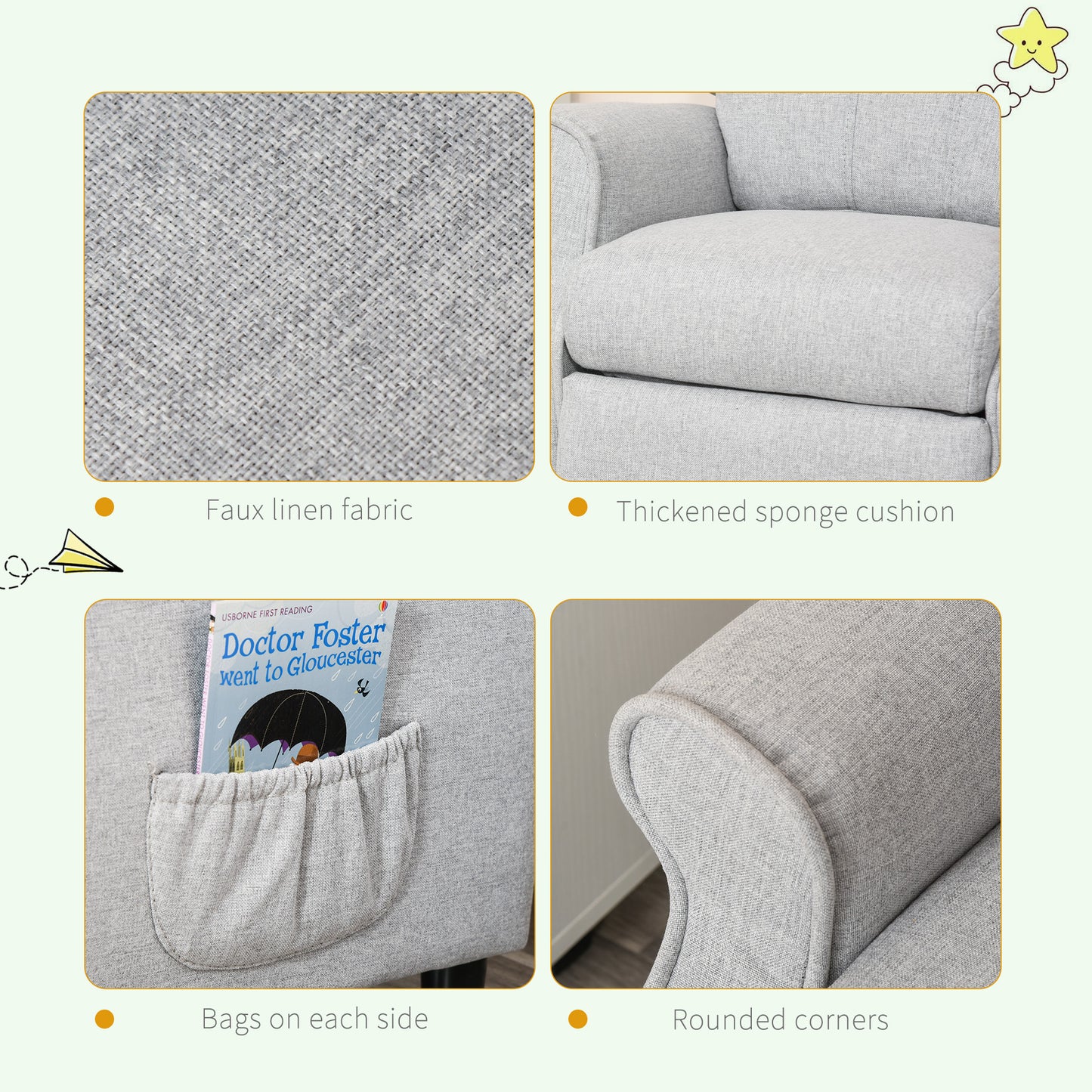 Qaba Kids Recliner Chair Children Sofa Angle Adjustable Single Lounger Armchair Gaming Chair with Footrest 2 Side Pockets for 3-5 Years, Light Grey