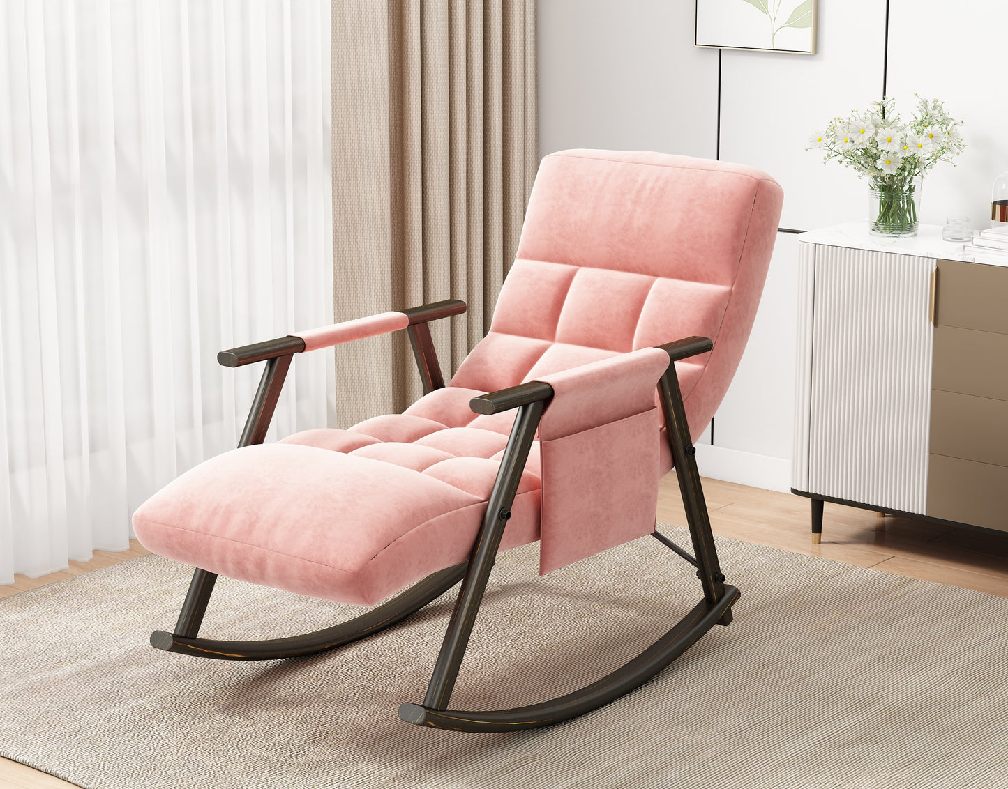 Casual folding rocking chair upholstered, lounge rocking chair adjustable high back and foot rest,side pockets placed in living room bedroom balcony