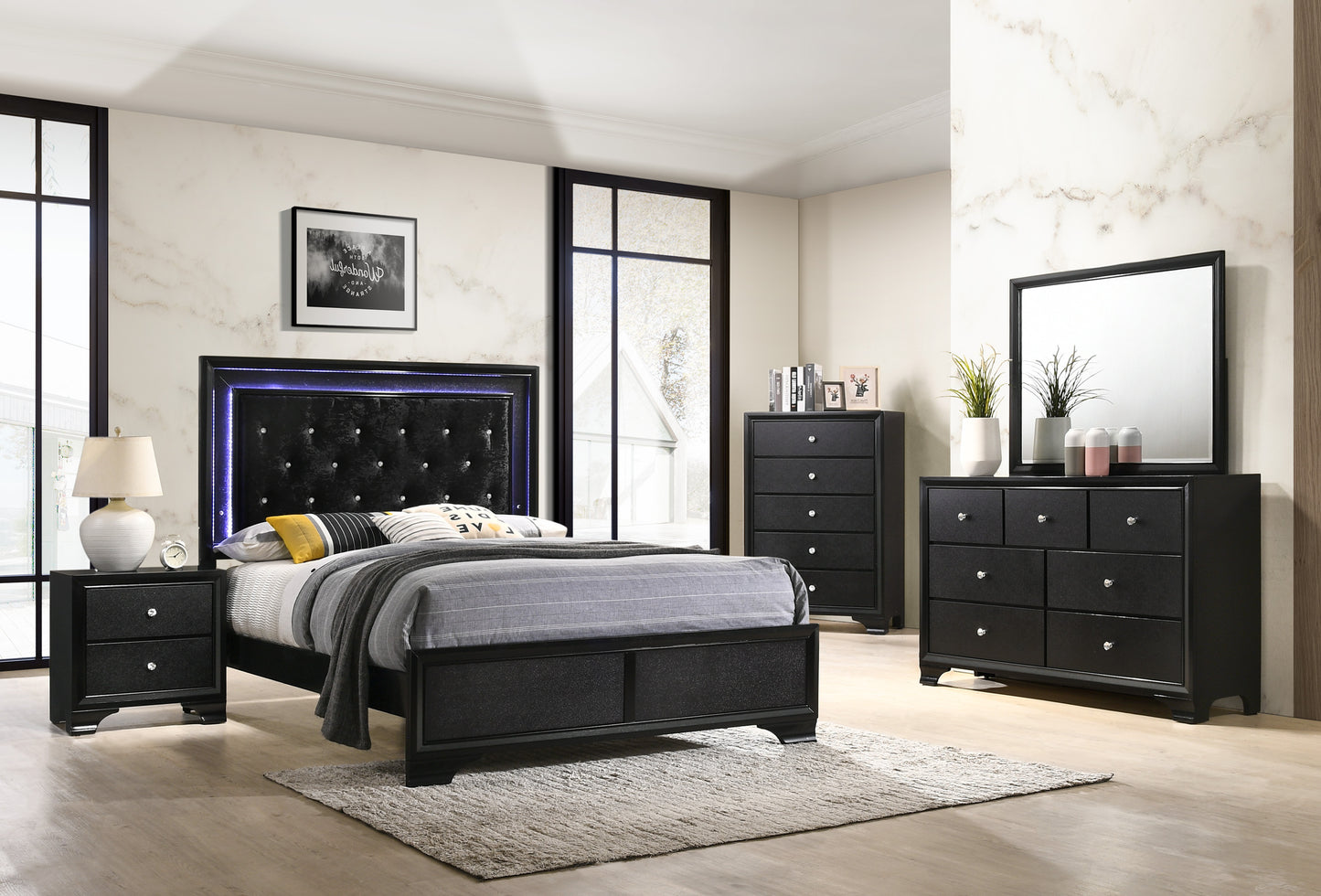 1pc Modern Glam Style Black Finish Glam Seven Drawer Dresser Embossed Crocodile Pattern Wooden Bedroom Furniture