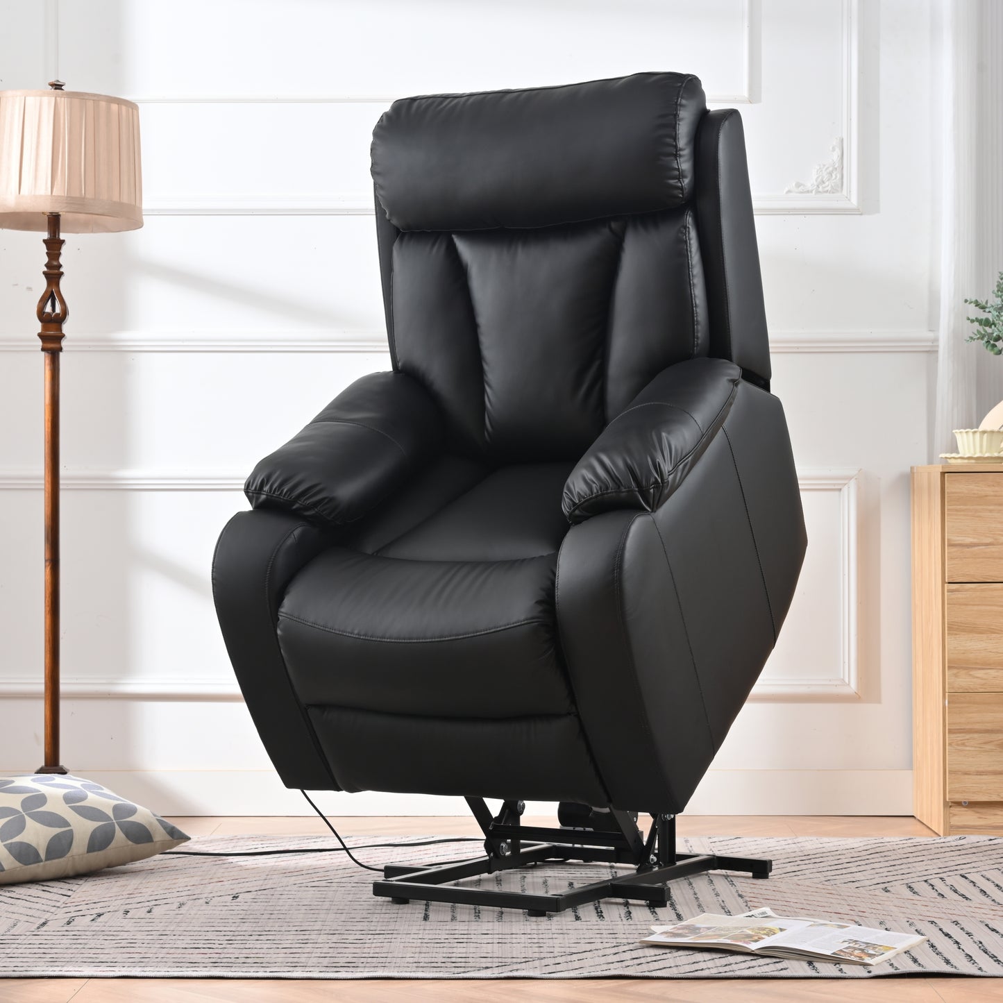 Electric Power Lift Recliner Chair for Elderly, PU Recliner Chair for Seniors, Home Theater Seating,Living Room Chair,Side Pocket, Remote Control (Black PU)