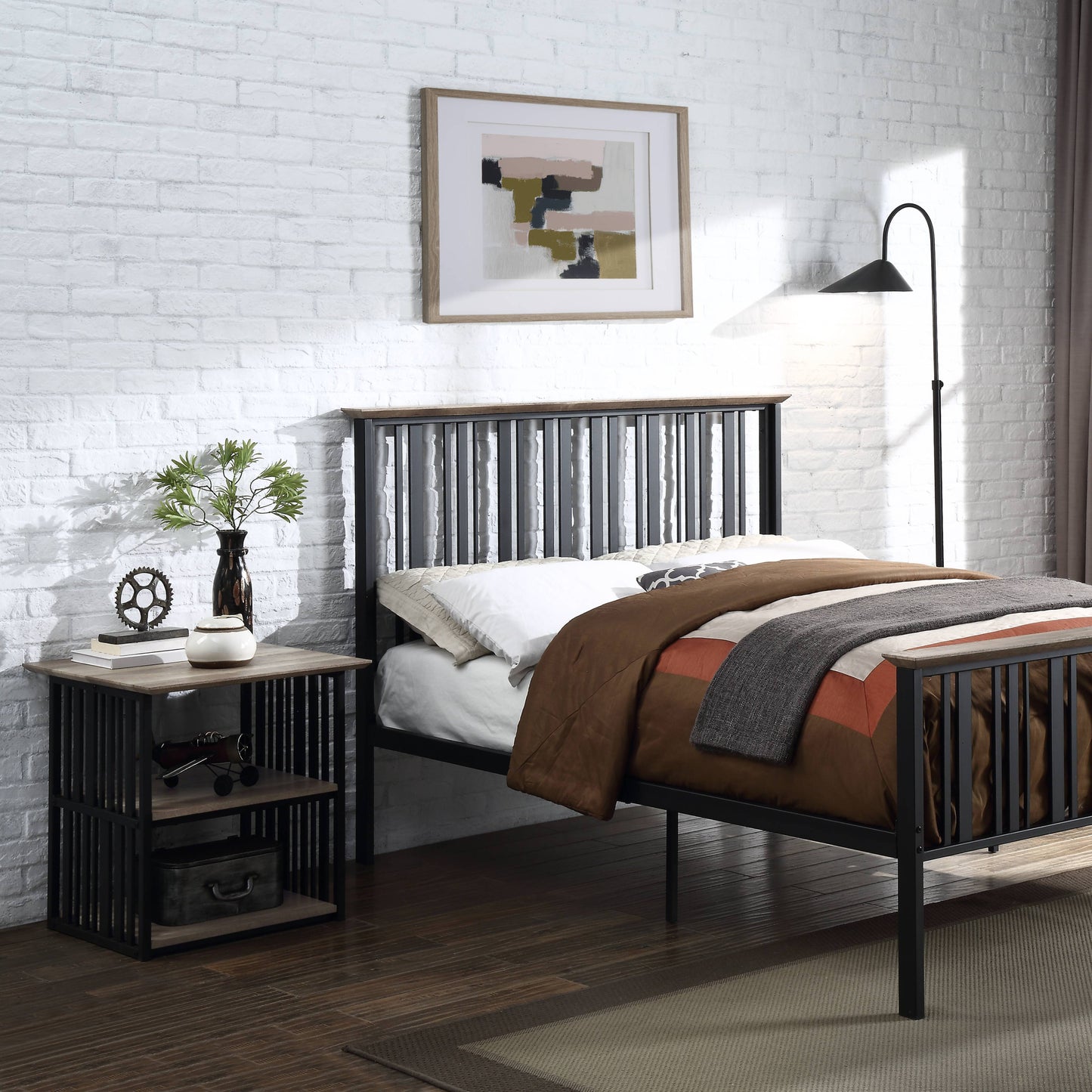 Antique Oak and Black 3-Shelf Nightstand