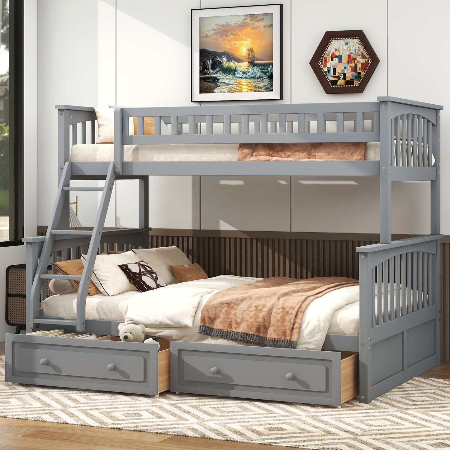 Gray Twin over Full Bunk Bed with Drawers, Convertible Wooden Bed in Solid Pine and MDF, 79.7''L x 57.5''W x 61.2''H