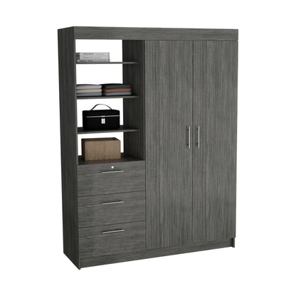 3-Tier Shelf and Drawers Armoire with Metal Handles, Smokey Oak