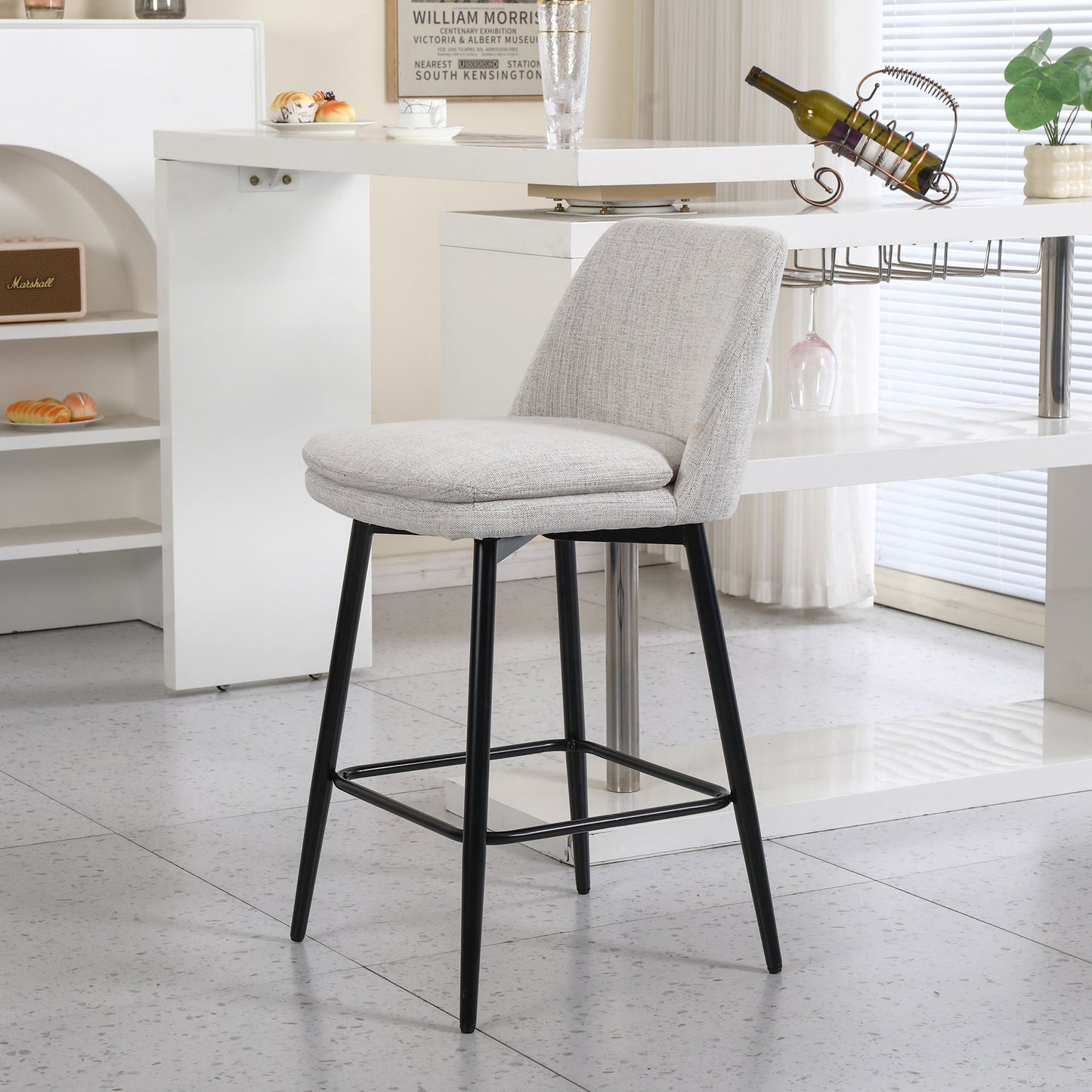 Counter Height Swivel Bar Stools Set of 2, 360° Swivel Upholstered Barstools with Back and Metal Legs, 25.6" Seat Height,Counter Stools for Kitchen Island and Pub,Linen Cloth,Off White Linen.
