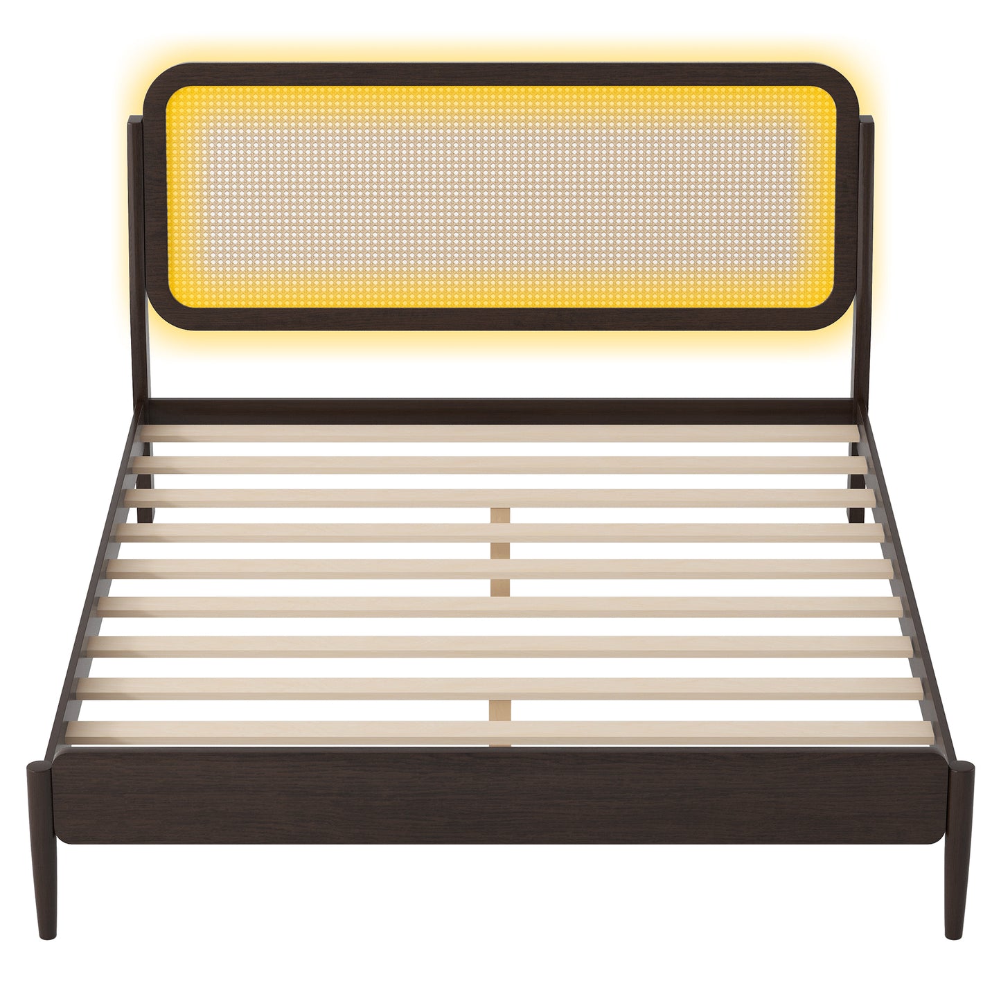 Queen Size Wood Storage Platform Bed with LED Light, Rattan Headboard, Espresso