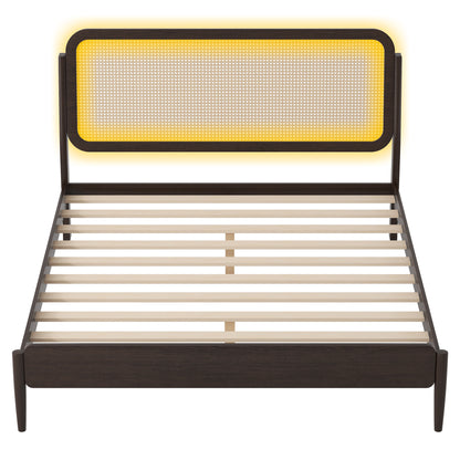 Queen Size Wood Storage Platform Bed with LED Light, Rattan Headboard, Espresso