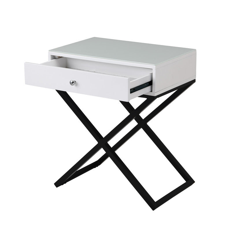 Koda 23" White Wooden End Side Table Nightstand with Glass Top, Drawer and Metal Cross Base