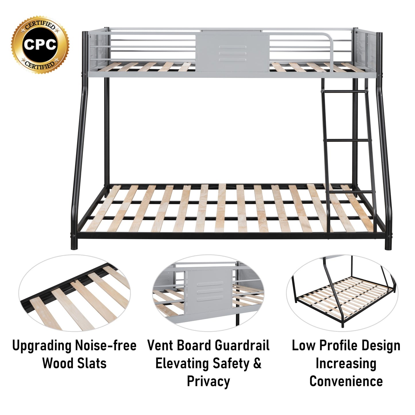 Metal Twin over Full Bunk Bed/ Heavy-duty Sturdy Metal/ Noise Reduced/ Safety Vent Board Guardrail/ CPC Certified/ No Box Spring Needed