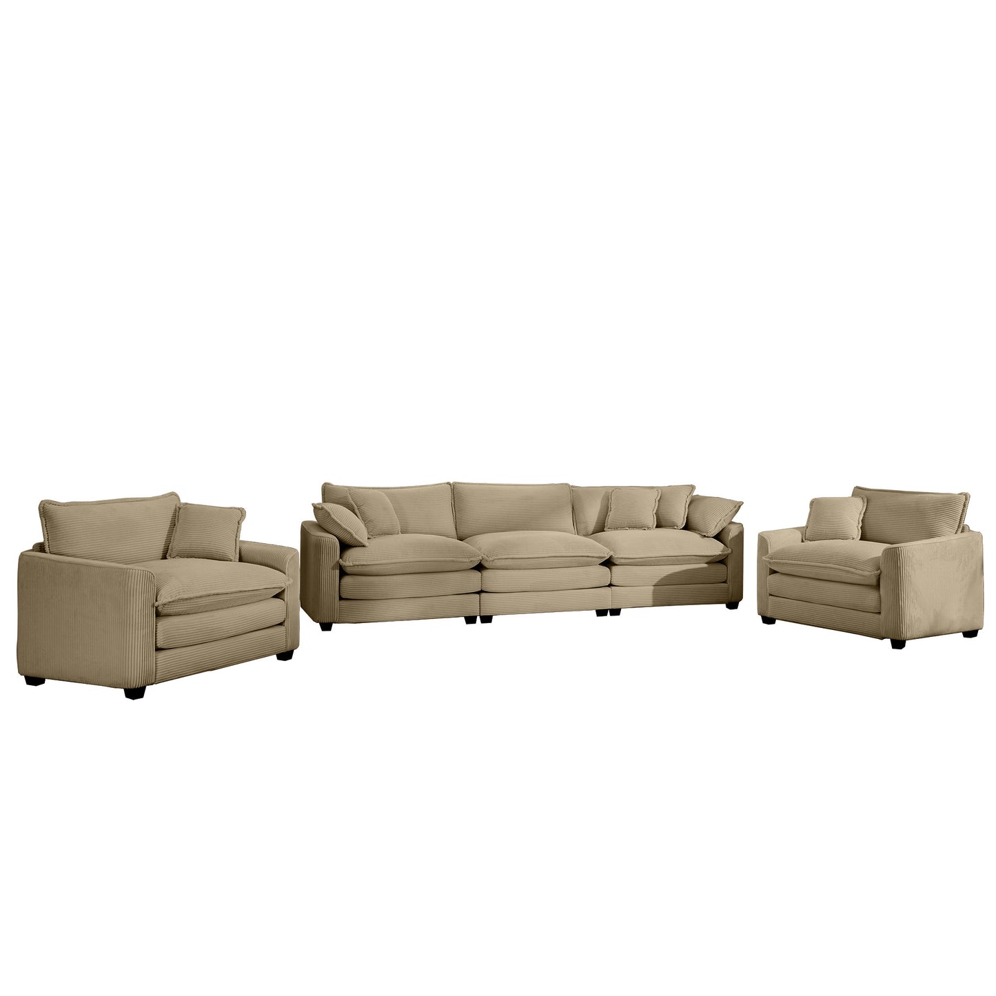 Luxurious Sophisticated Sofa Set with Soft Cushions in Tan Corduroy Fabric, Including Two Single Sofas and a 3-Seater