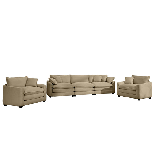 Luxurious Sophisticated Sofa Set with Soft Cushions in Tan Corduroy Fabric, Including Two Single Sofas and a 3-Seater
