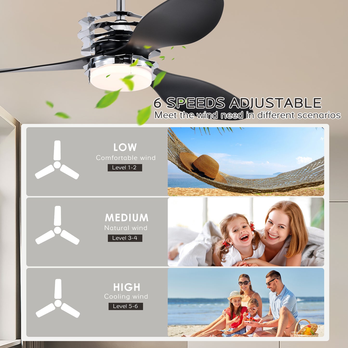 52'' ABS Blades Ceiling Fan with Lights and Remote (6 Speeds Adjustable) , DC Motor Modern Ceiling Fan with 3 ABS Fan Blades & 2 Down Rods, Indoor Ceiling Fan with Light for Home Use