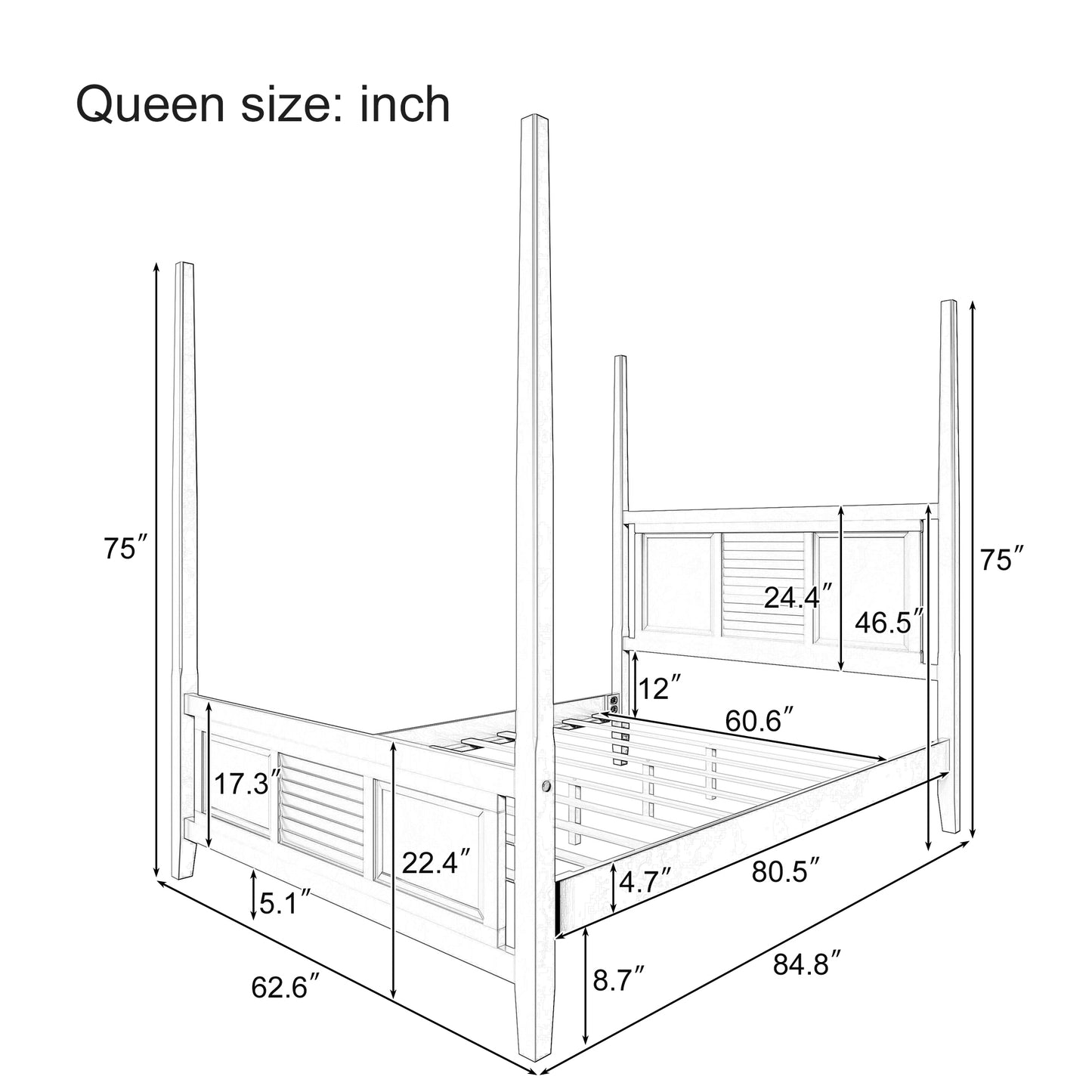 Traditional Queen Size Solid Wood Four Poster Bed with Horizontal Grille Design, Espresso