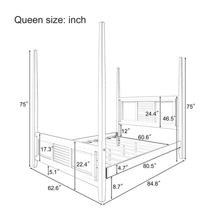 Traditional Queen Size Solid Wood Four Poster Bed with Horizontal Grille Design, Espresso