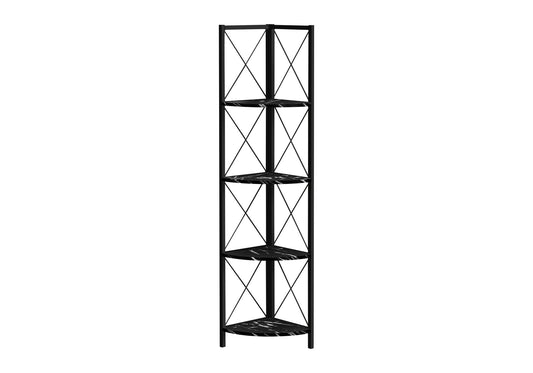 Bookshelf, Bookcase, Etagere, Corner, 4 Tier, 60"h, Office, Bedroom, Black Marble Look Laminate, Black Metal, Contemporary, Modern