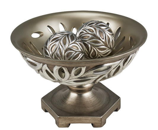 12.75' Long Polyresin Decorative Bowl 'Kiara', Silver Peacock Feathers Design