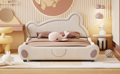 Queen Size Velvet Platform Bed with Bear-Shaped Headboard, with Bed-End Storage Pocket, Beige