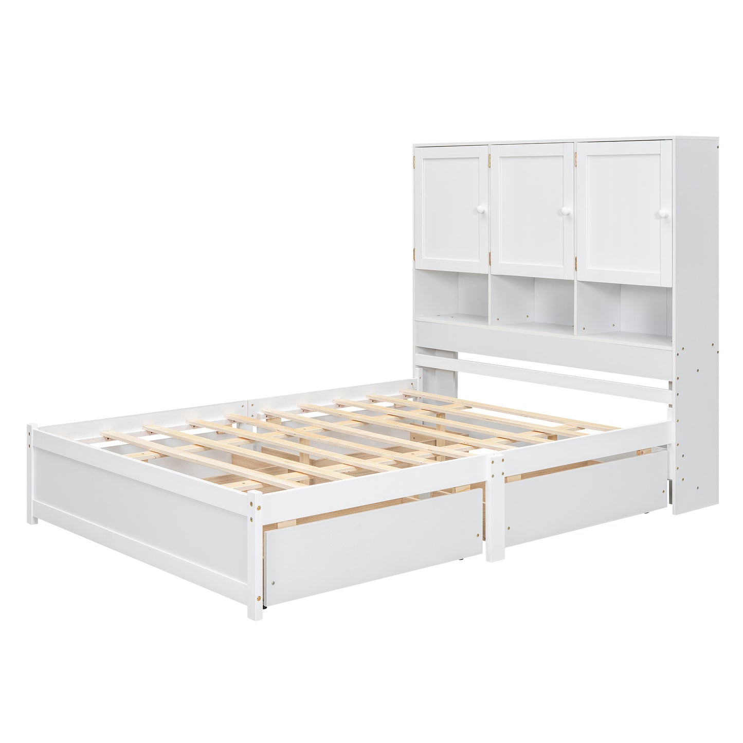 Queen Size Platform Bed with Storage Headboard and 4 Drawers, White