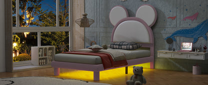 Twin Size Upholstered Platform Bed with Cartoon Ears Shaped Headboard and LED, White&Pink