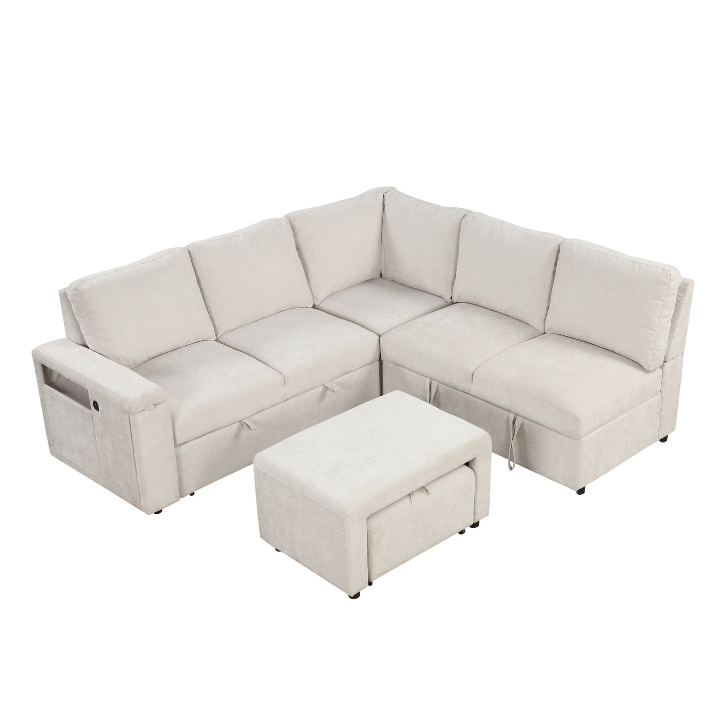 U_STYLE  L-shaped Padded Modular Sofa with Storage Space, USB Ports, and Cup Holders on the Armrests, Suitable for Living Rooms, Offices, and Apartments.