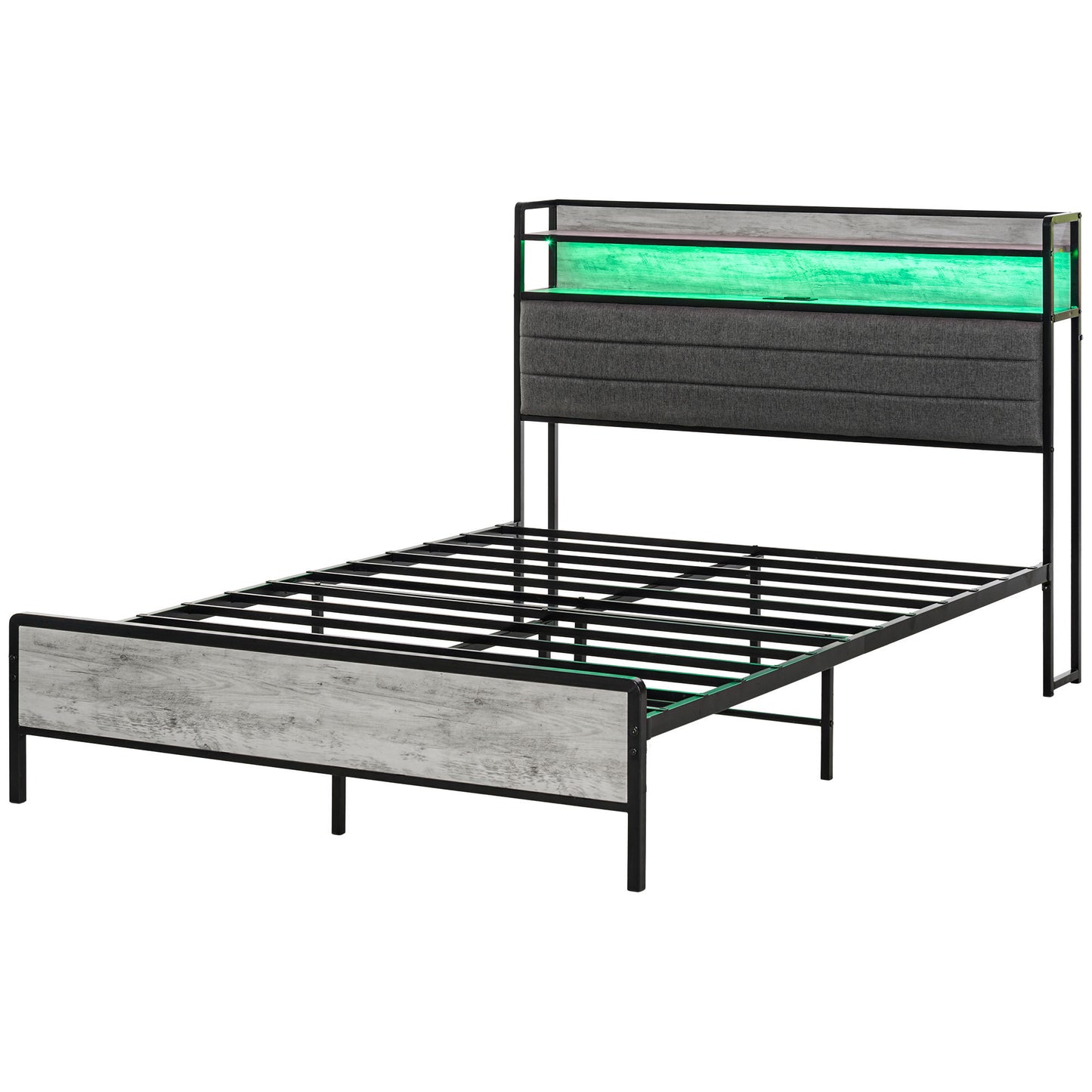 HOMCOM Full Size Bed Frame with Storage Headboard, Upholstered Platform Bed Frame with LED Lights, Charging Station, Steel Slats, Noise-Free & Easy Assembly, No Box Spring Needed, Cement Gray