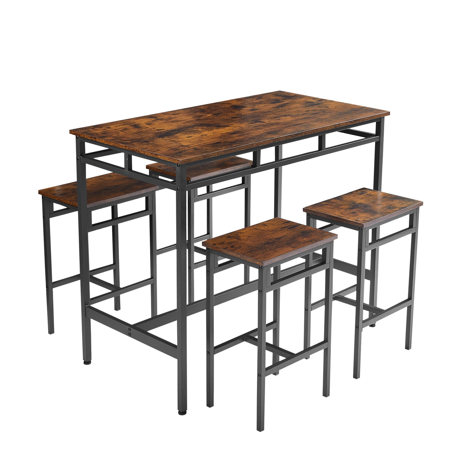 Bar table set 5PC Dinging table set with high stools, structural strengthening, industrial style. Rustic Brown, 43.31'' L x 23.62'' W x 35.43'' H.