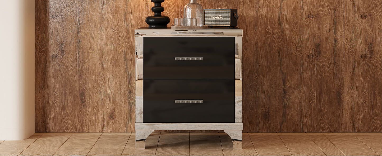 Elegant High Gloss Nightstand with Metal Handle,Mirrored Bedside Table with 2 Drawers for Bedroom,Living Room,Black