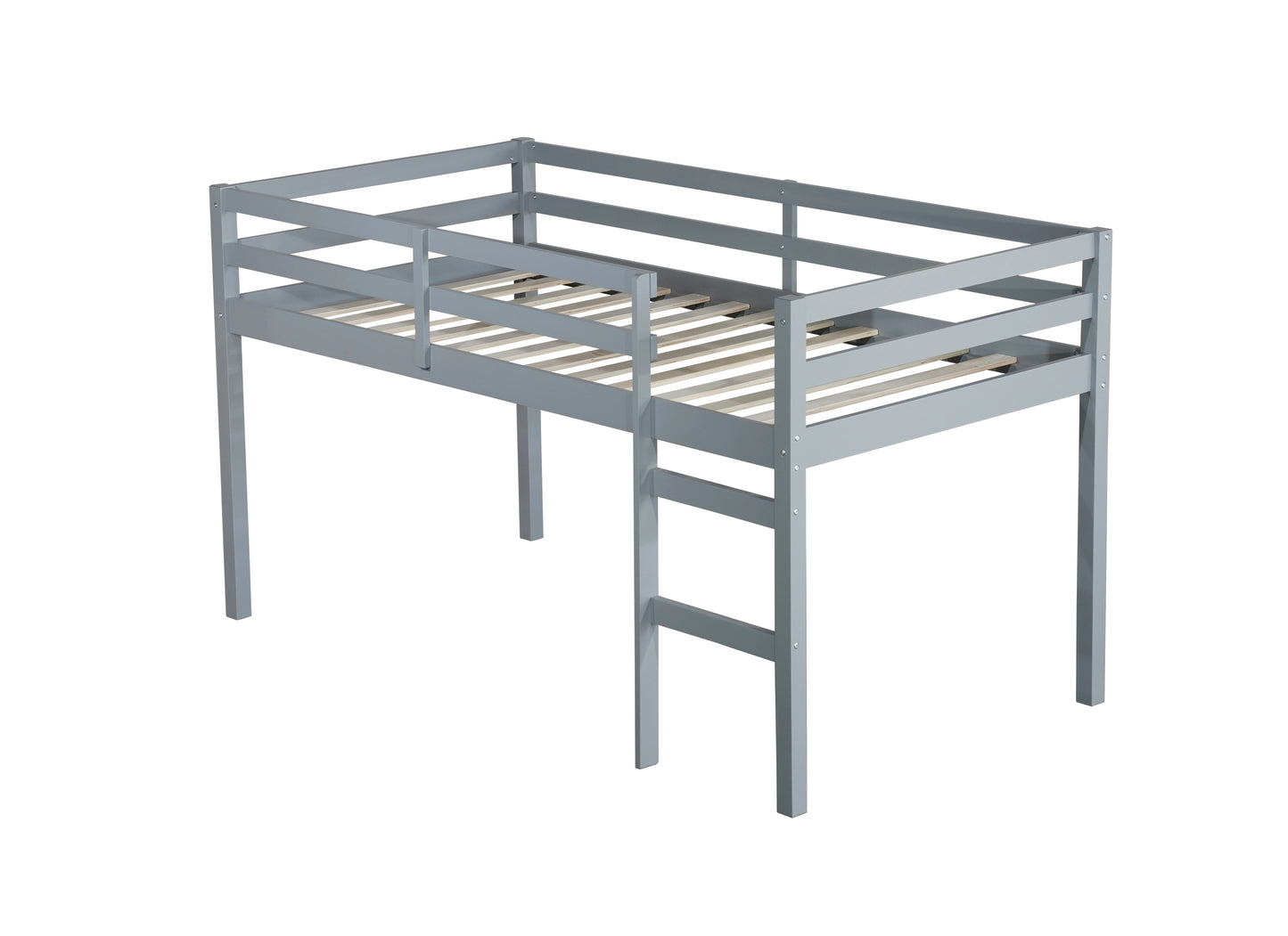 Solid Wooden, Rubber Wooden Twin Loft Bed with Ladder, Bed Platform of Strengthened Slats , Grey