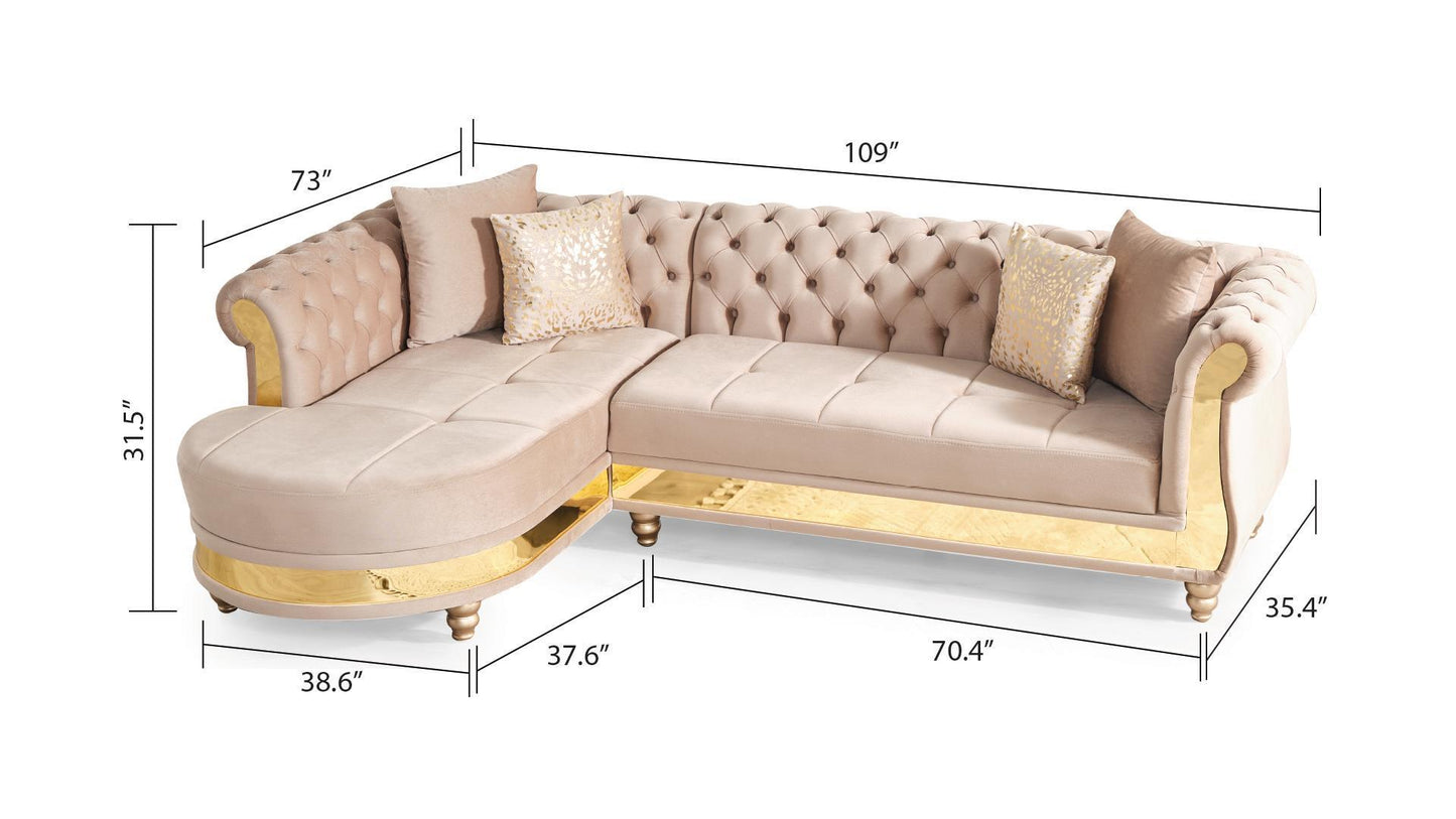 Gold Detailed Tufted Upholstery Sectional made with Wood In Taupe