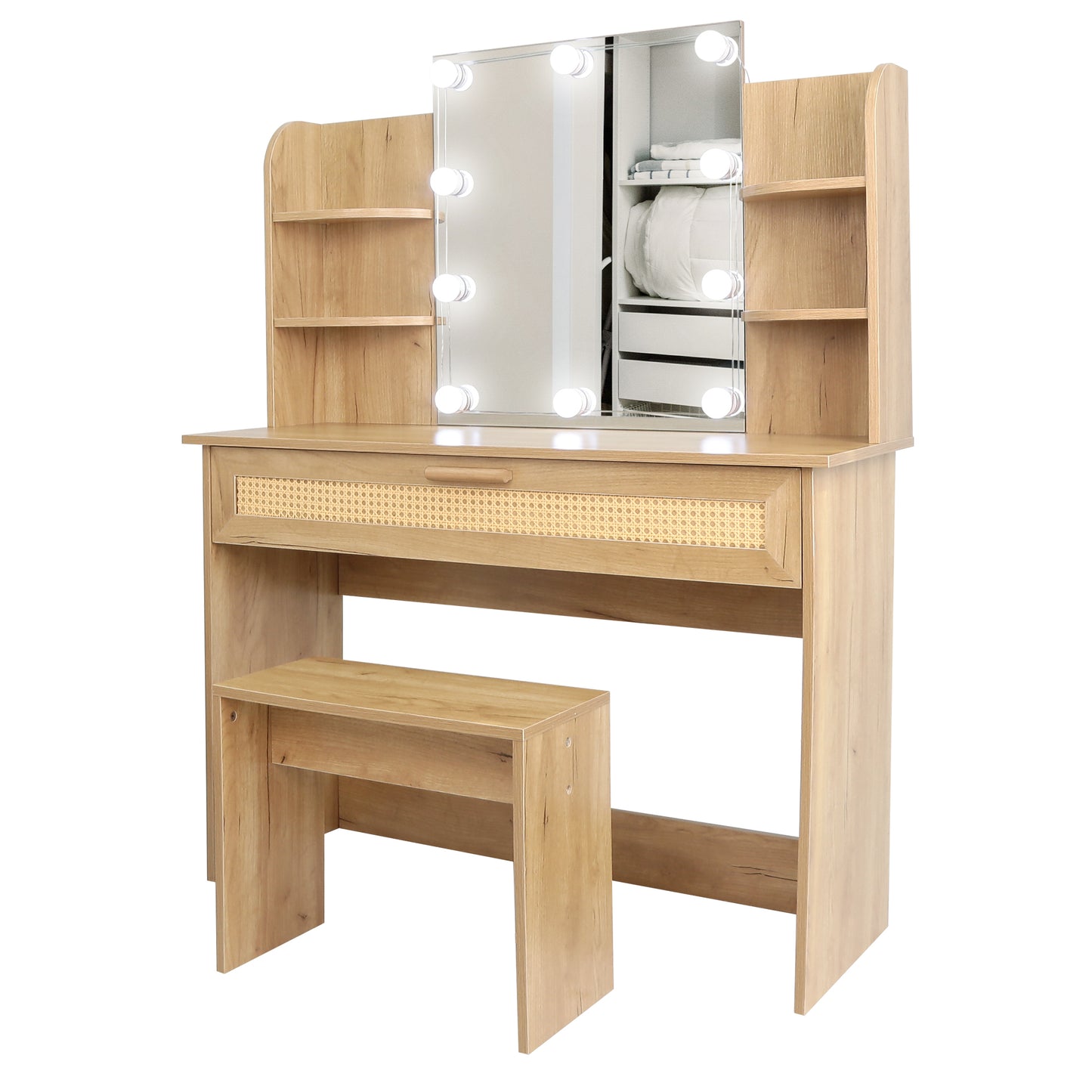 Vanity Desk Set Stool & Dressing Table with LED Lighting Mirror Drawer and Compartments Modern Wood Cosmetic Table Chest of Drawers Nature Color