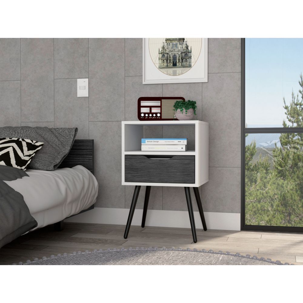 Otom Nightstand , Superior Top, One Open Shelf, One Drawer, Four Legs -Smokey Oak / White