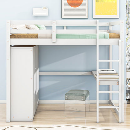 Wood Full Size Loft Bed with Built-in Wardrobe, Desk, Storage Shelves and Drawers, White