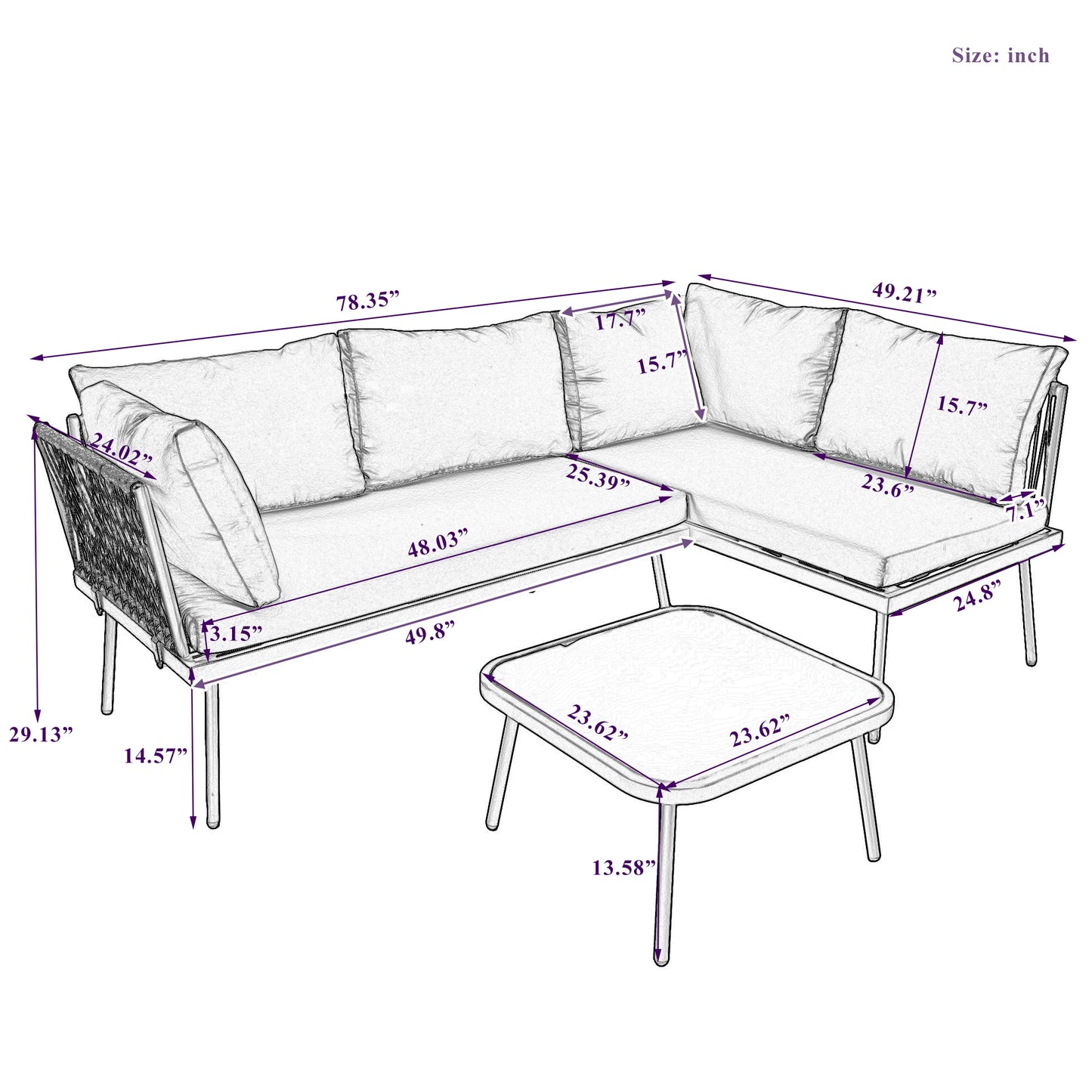 TOPMAX Modern Outdoor 3-Piece PE Rattan Sofa Set All Weather Patio Metal Sectional Furniture Set with Cushions and Glass Table for Backyard, Poolside, Garden, Gray,L-Shaped