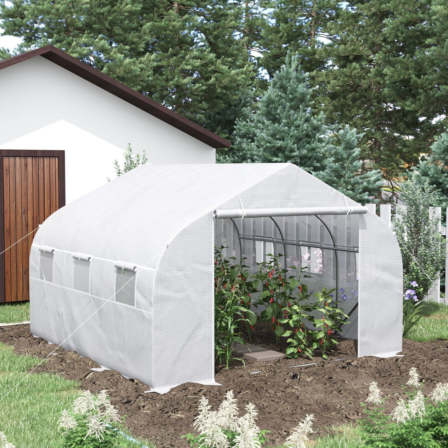 Outsunny 12' x 10' x 7' Walk-in Greenhouse, Tunnel Green House with Zippered Mesh Door and 6 Mesh Windows, Gardening Plant Hot House with Galvanized Steel Frame, White