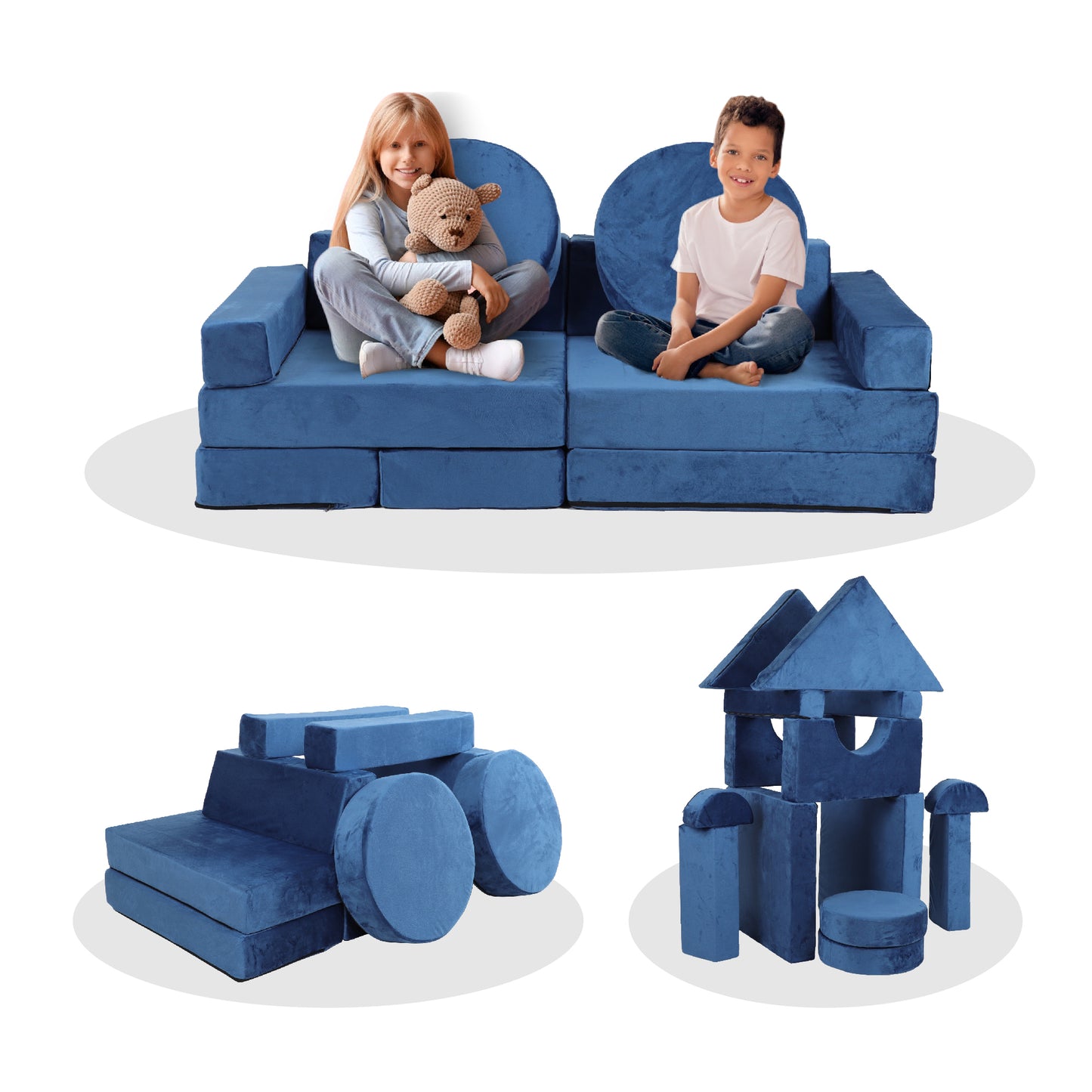 14pcs Kids Sofa Modular Play Couch,Child Sectional Sofa to Boost Creativity,Boys and Girls DIY Creativing Playroom Couch Furniture for Toddlers Conertible Foam and Floor Cushion-Blue