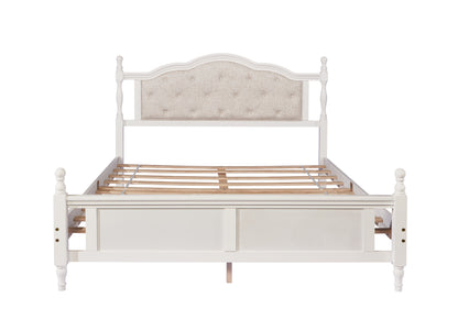 Queen Pine wooden Bed with Upholstered Headboard  and Panel Footboard, with  Two Bed Rail Support Feet and Central Platform Support Feet ,White