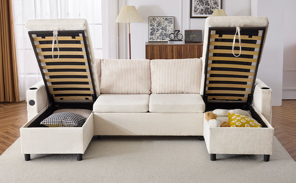 111.8" Sectional Sofa Pull-out Sofa Bed Versatile Sofa Sleeper with Large Storage Space, Two USB Ports and Two Cup Holders for Living Room, Beige